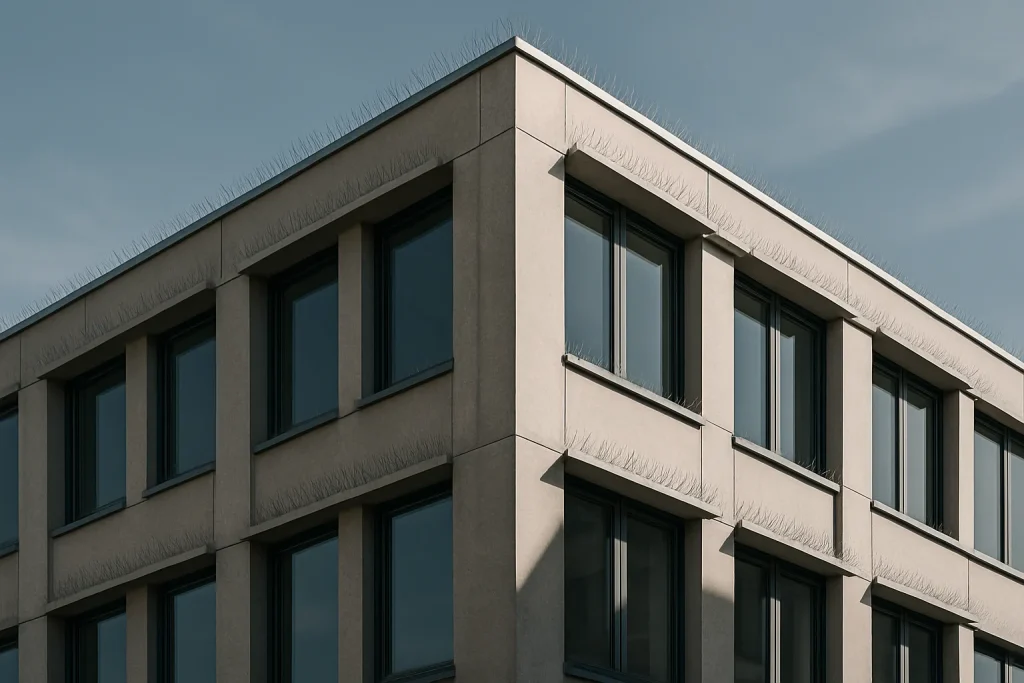 Bâtiment moderne avec dispositifs anti-pigeons, montrant l'impact de l'orientation.