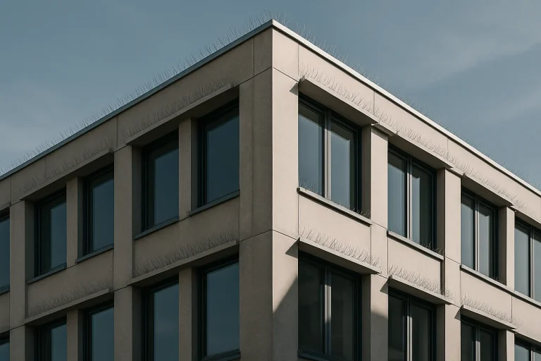 Bâtiment moderne avec dispositifs anti-pigeons, montrant l'impact de l'orientation.