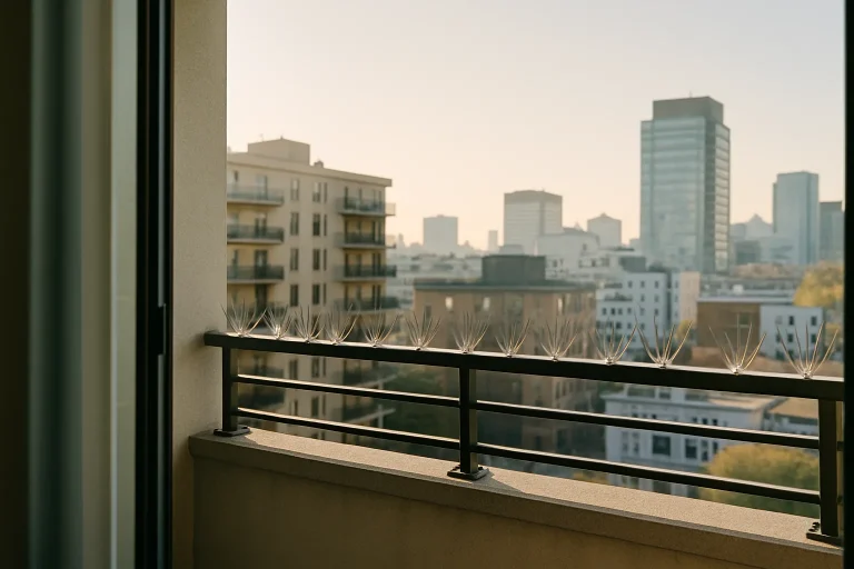 Balcon urbain avec dispositifs anti-pigeons, vue depuis l'intérieur, ville en arrière-plan.
