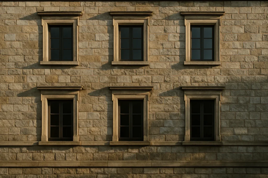 Façade ancienne en pierre avec détails architecturaux, lumière du matin.