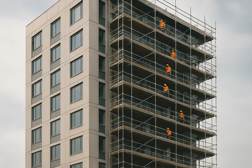 Immeuble de grande hauteur avec échafaudage et ouvriers en tenue de sécurité.