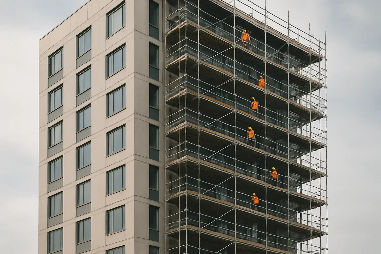 Immeuble de grande hauteur avec échafaudage et ouvriers en tenue de sécurité.