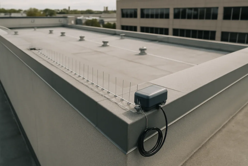 Dispositif électronique anti-pigeons installé sur un toit de bâtiment commercial, lumière du jour.