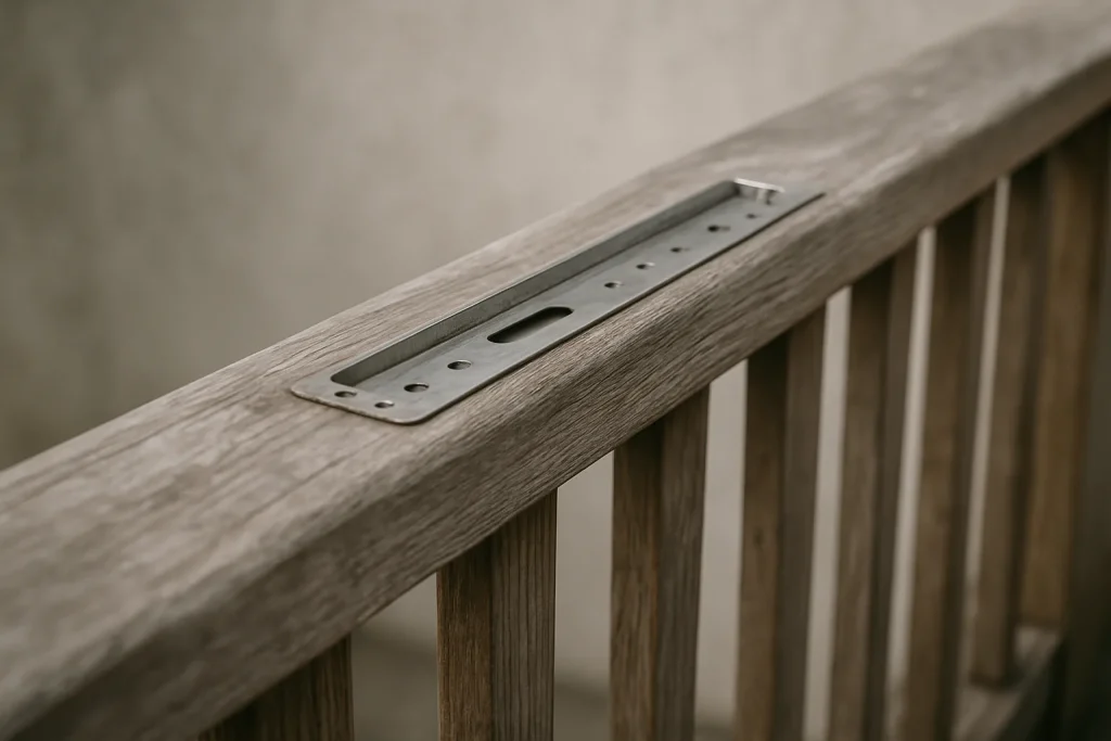 Gros plan d'une balustrade en bois avec emplacement pour pics anti-pigeons, lumière naturelle