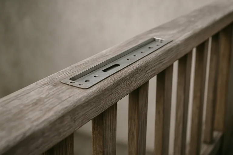 Gros plan d'une balustrade en bois avec emplacement pour pics anti-pigeons, lumière naturelle