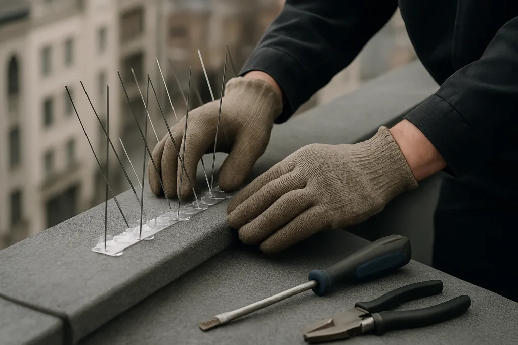 Mains installant un dispositif de gestion des pigeons sur un toit urbain, outils visibles.