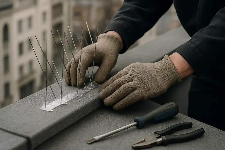 Mains installant un dispositif de gestion des pigeons sur un toit urbain, outils visibles.