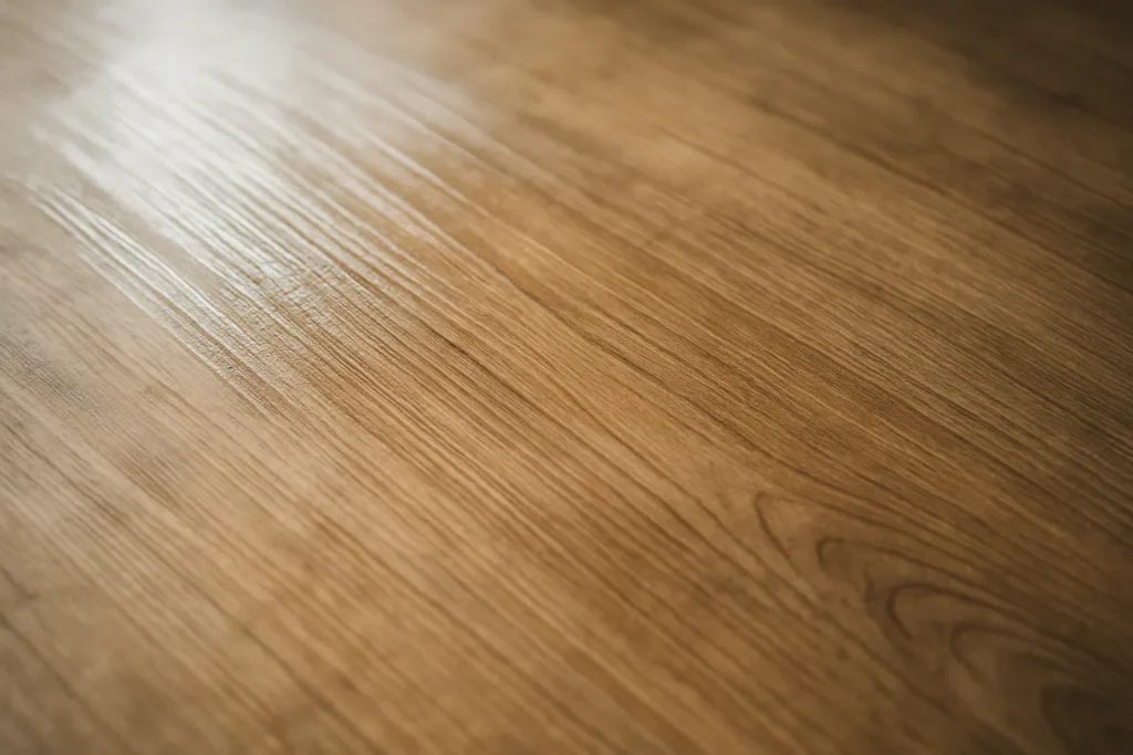 Surface en bois nettoyée après retrait de fientes de pigeons, texture visible